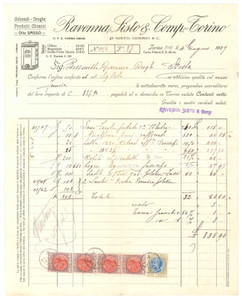Documento originale, autentico 1929 TORINO Corso Vittorio Emanuele II 44 bis RAVENNA SISTO Fattura liquirizia 1