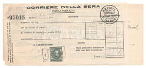 Documento originale, autentico 1926 MILANO  CORRIERE DELLA SERA Ricevuta per pubblicità affitto Porta Monforte 1