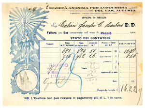 Documento originale, autentico 1910 BRESCIA  SOCIETÀ ANONIMA PER L INDUSTRIA DEL GAS, AUGUSTA Fattura 1