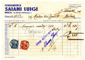 Documento originale, autentico 1941 BRESCIA Ferramenta Luigi SAIANI LUIGI Fattura per lampade da minatore 1