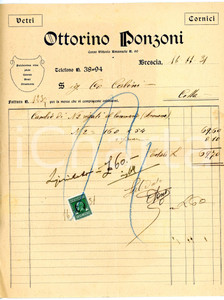 Documento originale, autentico 1931 BRESCIA Corso Vittorio Emanuele 60 Vetri e cornici Ottorino PONZONI Fattura 1