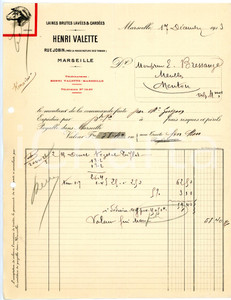 Documento originale, autentico 1913 MARSEILLE Rue Jobin  Henri VALETTE Laines brutes  Facture 4 1