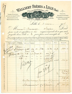 Documento originale, autentico 1913 LILLE FRANCE Filatures WALLAERT FRERES Facture 21x27 cm 1