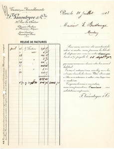 Documento originale, autentico 1913 PARIS 32 Rue du Sentier  Manifacture F. VANOUTRYVE Factures 2 1