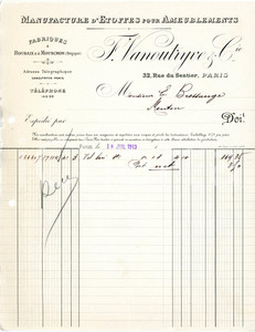 Documento originale, autentico 1913 PARIS 32 Rue du Sentier  Manifacture F. VANOUTRYVE Factures 4 1