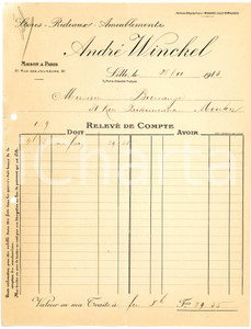 Documento originale, autentico 1913 LILLE  ANDRÈ WINKEL Stores, rideux, ameublements  Facture 2 1