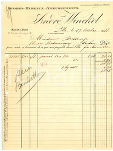 Documento originale, autentico 1913 LILLE  ANDRÈ WINKEL Stores, rideux, ameublements  Facture 9 1