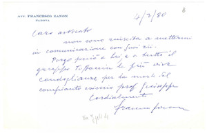 Autografo originale 1980 PADOVA Lettera avv. Francesco ZANON per condoglianze  Autografo 1