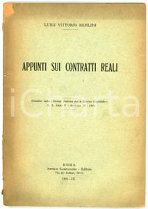 Libro, pubblicazione d epoca 1931 Luigi Vittorio BERLIRI Appunti sui contratti reali  Ed. Attilio SAMPAOLESI 1