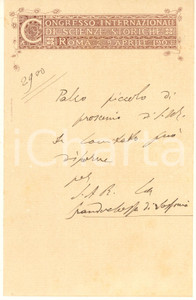 Manoscritto, lettera originale 1903 ROMA Congresso Scienze Storiche  Nota per palco Granduchessa di Sassonia 1