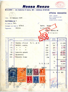 Documento originale, autentico 1958 MILANO via Lodovico il Moro, 83 Renzo NOSSA Fattura vendita cuscinetti 1
