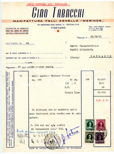 Documento originale, autentico 1951 VIGEVANO Manifattura Gino TABACCHI Fattura per pelli agnello MERINOS 1