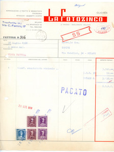 Documento originale, autentico 1958 MILANO Via Spartaco, 12  LA FOTOZINCO Tricromia  Fattura 4 1
