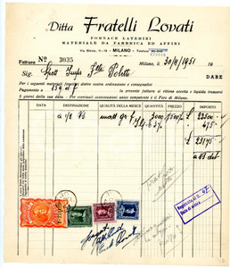 Documento originale, autentico 1951 MILANO via Bitinia Fornace laterizi Fratelli LOVATI Fattura per mattoni 3 1