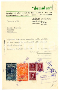 Documento originale, autentico 1952 MILANO Corso Porta Genova,1 DOMOLUX Fattura per impianto elettrico 1