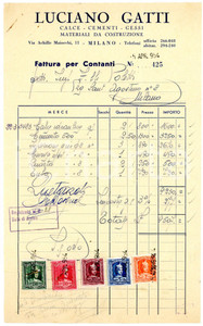 Documento originale, autentico 1954 MILANO via A. Maiocchi, 11 Cementi Luciano GATTI Fattura materiali edili 1