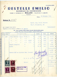 Documento originale, autentico 1953 MILANO Piazza A. Garibaldi, 3 Emilio RESTELLI Fattura per tubi in eternit 1 1