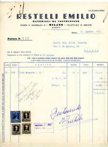 Documento originale, autentico 1953 MILANO Piazza A. Garibaldi, 3 Emilio RESTELLI Fattura per tubi in cemento 1