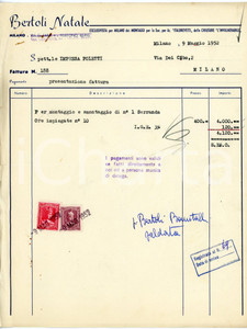 Documento originale, autentico 1952 MILANO via Legnano, 24 Natale BERTOLI  Fattura per montaggio serranda 1
