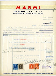 Documento originale, autentico 1952 MILANO via Baldinucci,18 Marmi LO MONACO Fattura marmo Carrara e Bronzetto 1