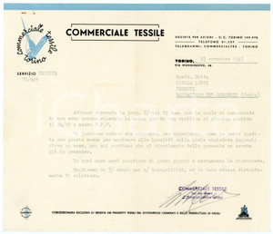 Documento originale, autentico 1947 TORINO via Monginevro, 46 COMMERCIALE TESSILE Lettera commerciale 1