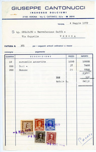 Documento originale, autentico 1972 VERONA via C. Cattaneo, 22 Giuseppe CANTONUCCI Fattura caramelle 1
