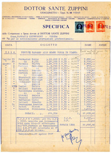 Documento originale, autentico 1957 SANGUINETTO Dottor Sante ZUPPINI Fattura perizie tabacco allo stato verde 1