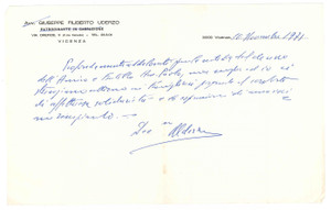 Autografo originale 1971 VICENZA Lettera avv. Giuseppe Filiberto UDERZO  Autografo 1