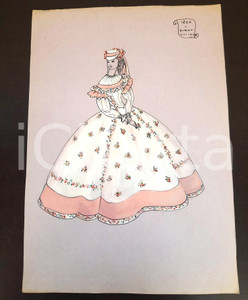 Stampa, bozzetto originale 1970 ca STORIA DELLA MODA Augusta FOI Bozzetto ROMANTICISMO donna 1860 AUTOGRAFO 1