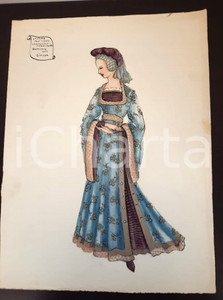 Stampa, bozzetto originale 1970 ca STORIA DELLA MODA Augusta FOI Bozzetto UMANESIMO donna 1500 AUTOGRAFO 1