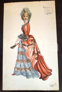 Stampa, bozzetto originale 1970 ca STORIA DELLA MODA Augusta FOI  Bozzetto BAROCCO donna briccona FIRMATO 1