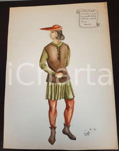 Stampa, bozzetto originale 1970 ca STORIA DELLA MODA Augusta FOI  Bozzetto uomo era feudale FIRMATO 1