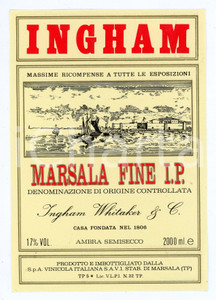 Materiale pubblicitario d’epoca 1970 ca INGHAM Marsala fine I.P.  Etichetta ILLUSTRATA 9x14 cm 1