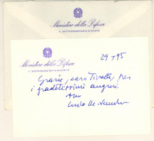 Autografo originale 1995 Ministero della Difesa  Biglietto Carlo Maria SANTORO AUTOGRAFO 1