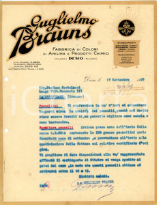 Documento originale, autentico 1929 DESIO Guglielmo BRAUNS Fabbrica di colori  Lettera per fornitura pennelli 1