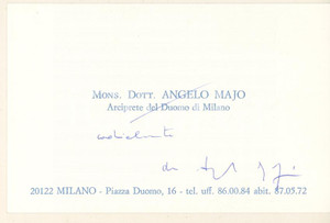 Autografo originale 1990 ca MILANO Mons. Angelo MAJO Arciprete del Duomo  Biglietto autografo 1