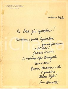 Autografo originale 1970 MILANO Lettera ringraziamento BRUNETTA Bruna MATELDI MORETTI Autografo 1