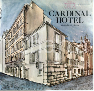 Materiale pubblicitario d’epoca 1975 ca ROMA Via Giulia 62 CARDINAL HOTEL Pieghevole ILLUSTRATO 1