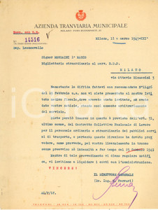 Documento originale, autentico 1943 MILANO ATM Trasporti  Bigliettaio licenziato per assenza ingiustificata 1
