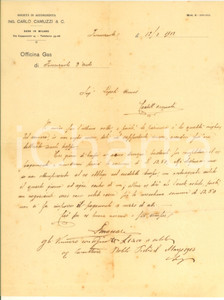 Documento originale, autentico 1913 FIORENZUOLA D ARDA Officina Gas / MILANO Soc. Ing. Carlo CAMUZZI Lettera 1