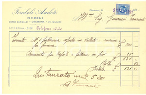 Documento originale, autentico 1931 CREMONA  FERABOLI Amleto  Mobili  Conto per poltrona in velluto 1