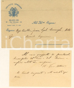 Oggetto da collezione cartaceo 1900 ca MILANO Istituto Gonzaga  Biglietto autografo Vice Rettore e busta 1
