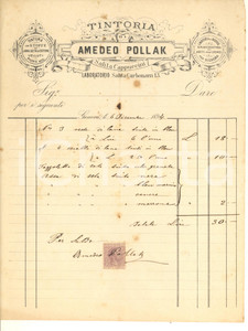 Documento originale, autentico 1894 GENOVA Salita Cappuccini 7  Tintoria Amedeo POLLAK  Fattura manoscritta 1