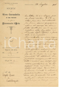 Documento originale, autentico 1906 FIORENZUOLA D ARDA Lettera Società RIVO CANADELLA  Ermenegildo DODI 1