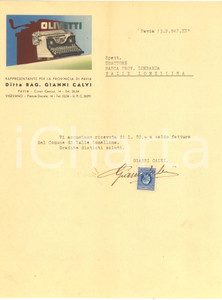 Documento originale, autentico 1942 PAVIA  Ditta Rag. Gianni CALVI rappresentante OLIVETTI  Lettera ricevuta 1