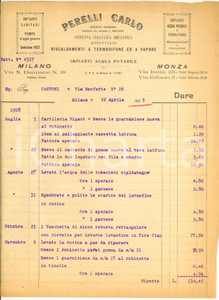 Documento originale, autentico 1929 MILANO Via S. Damiano  Carlo PERELLI impianti sanitari Fattura 1
