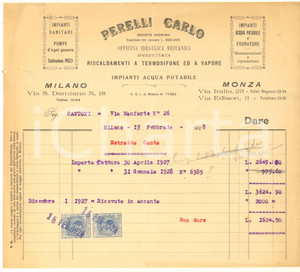 Documento originale, autentico 1929 MILANO Via S. Damiano  Carlo PERELLI impianti sanitari Estratto conto 1