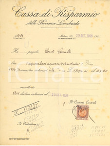 Documento originale, autentico 1926 MILANO Cassa di Risparmio delle Provincie Lombarde  Ricevuta pagamento 1