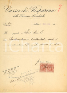 Documento originale, autentico 1926 MILANO Cassa di Risparmio delle Provincie Lombarde  Ricevuta di pagamento 1