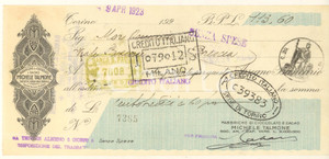 Oggetto da collezione cartaceo 1923 TORINO  Michele TALMONE Fabbriche di cioccolato  Cambiale pubblicitaria 1